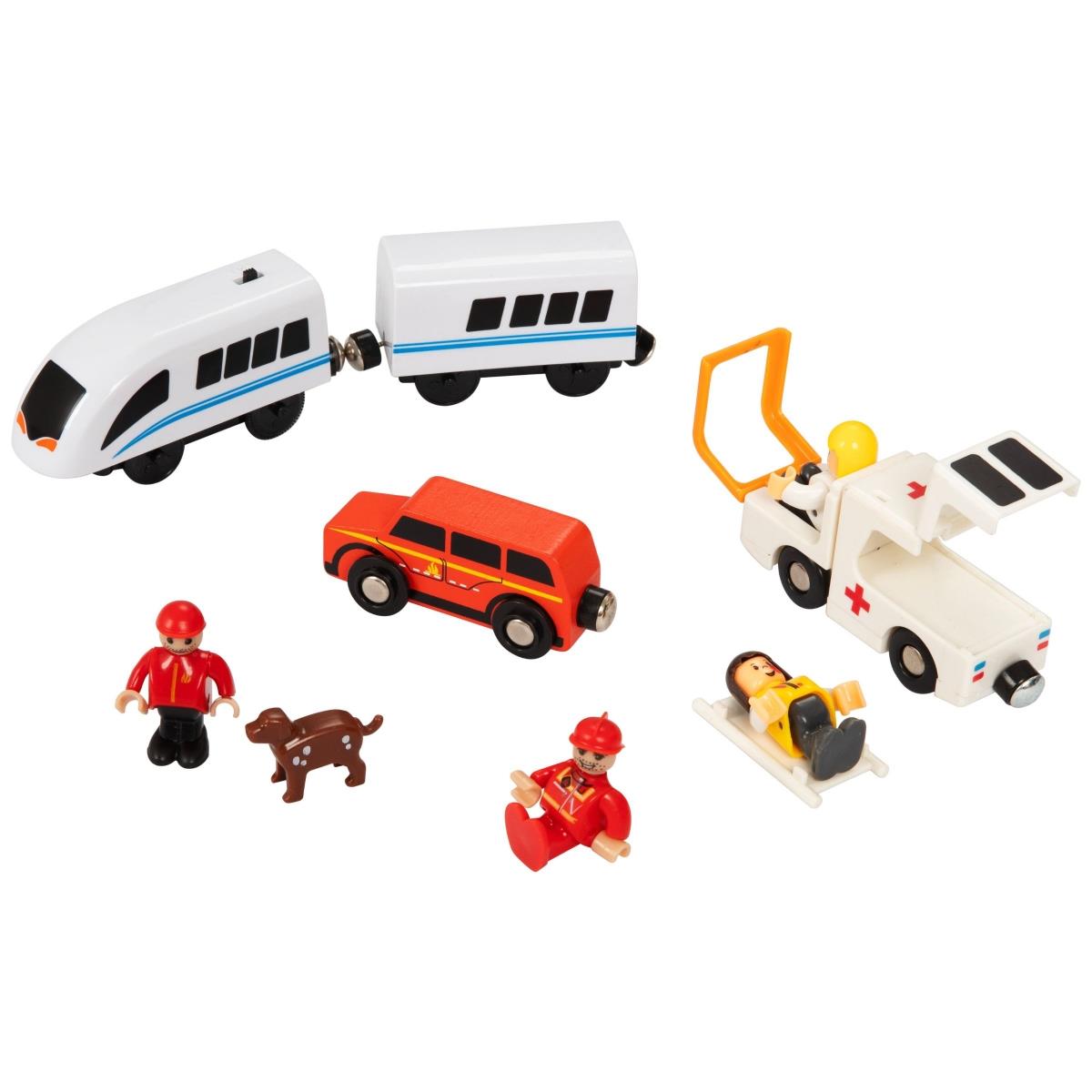 Trätåg, batteridrivet tåg - Brandkår, spår, bilar, broar, bom