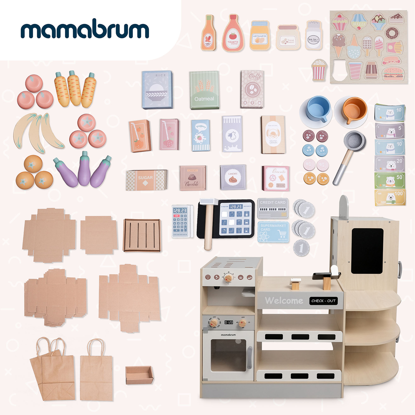 Stor XXXL-butik i trä för barn med snabbmatsbar - Corner shop + Kaffemaskin + Ugn + Kylskåp - 106 ac.