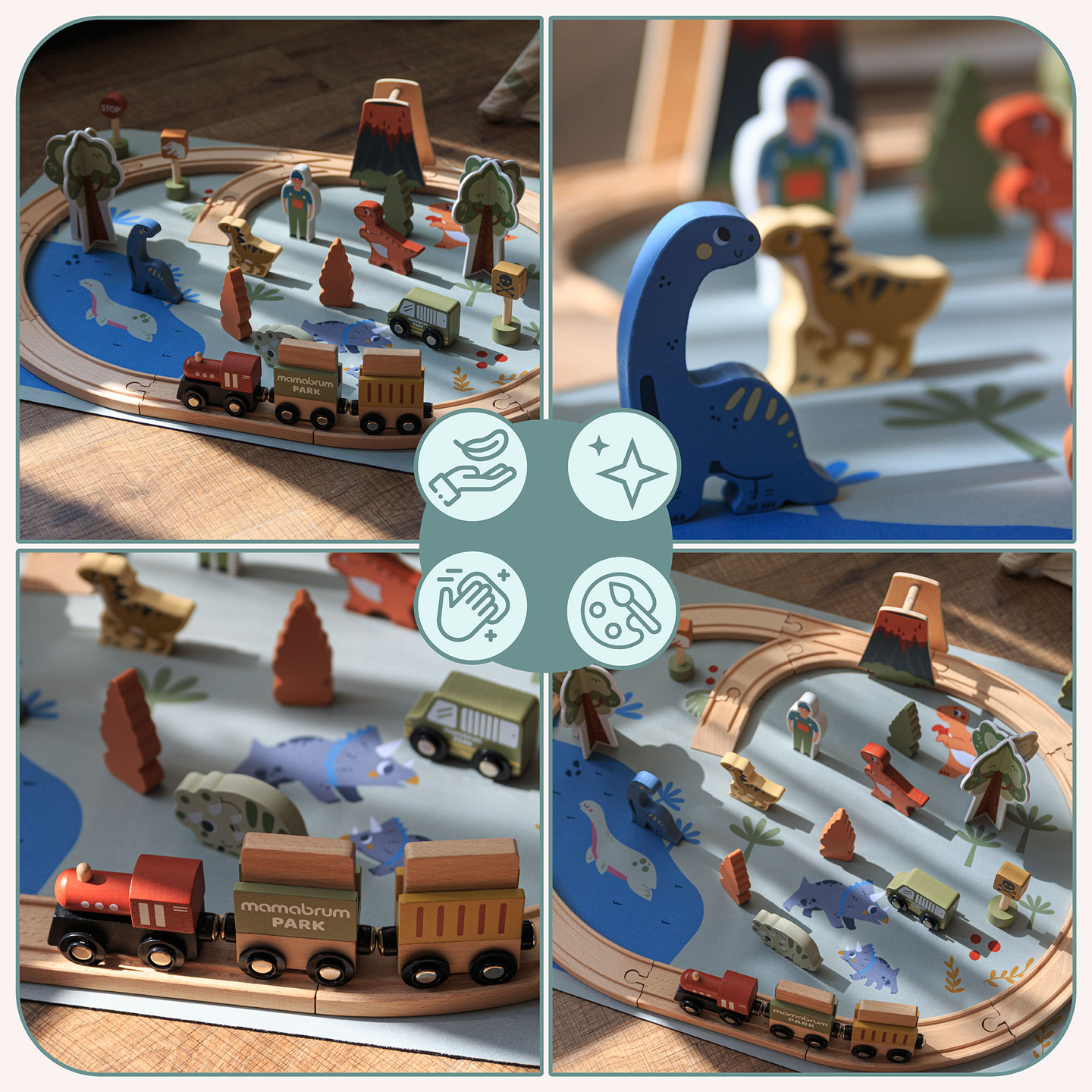 Dino Park trätåg med halkfri matta - dinosaurier, tåg, spår, vulkan, klocka