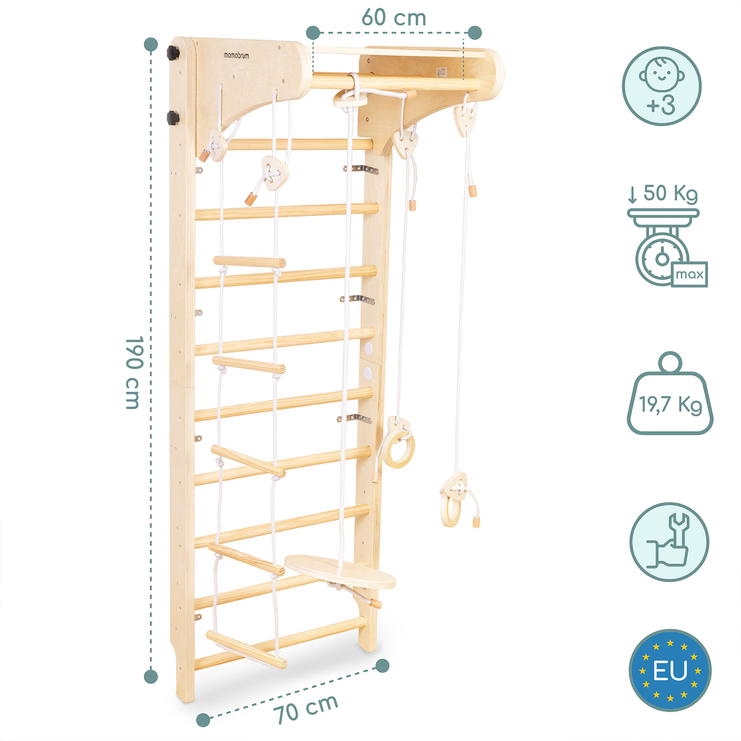 Gymnastikstege i trä för barn med tillbehör - gunga, gymnastikringar och repstege