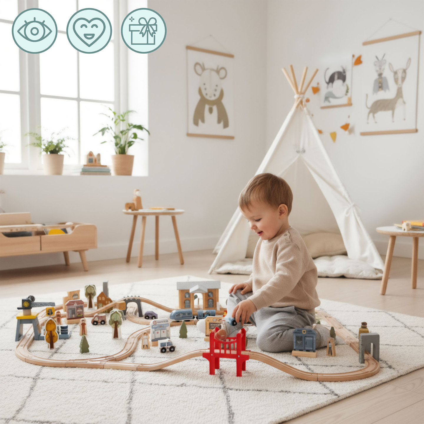 Träjärnväg med elektriskt tåg - rörlig kran, skepp, broar