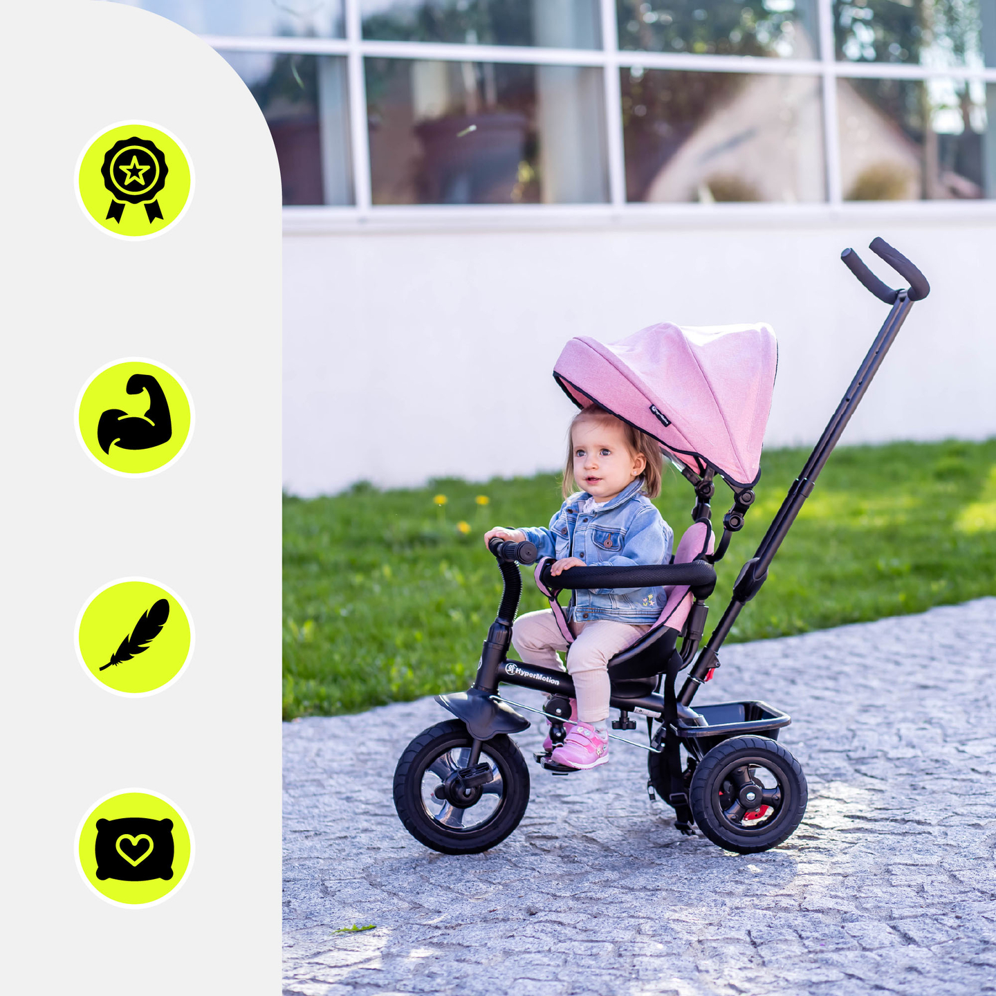 Trehjuling för barn 1-4 år - TOBI FREY - rosa färg - svängbar - pumpade hjul + tryckare