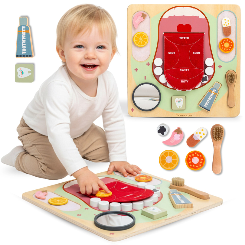Montessori-pedagogisk trätavla för liten tandläkare - tandborste, tandkräm, avtagbara tänder, spegel, mat, lärande smaker