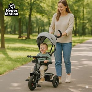 Trehjuling för barn 1-4 år - TOBI FREY - grå färg - svängbar - pumpade hjul + tryckare