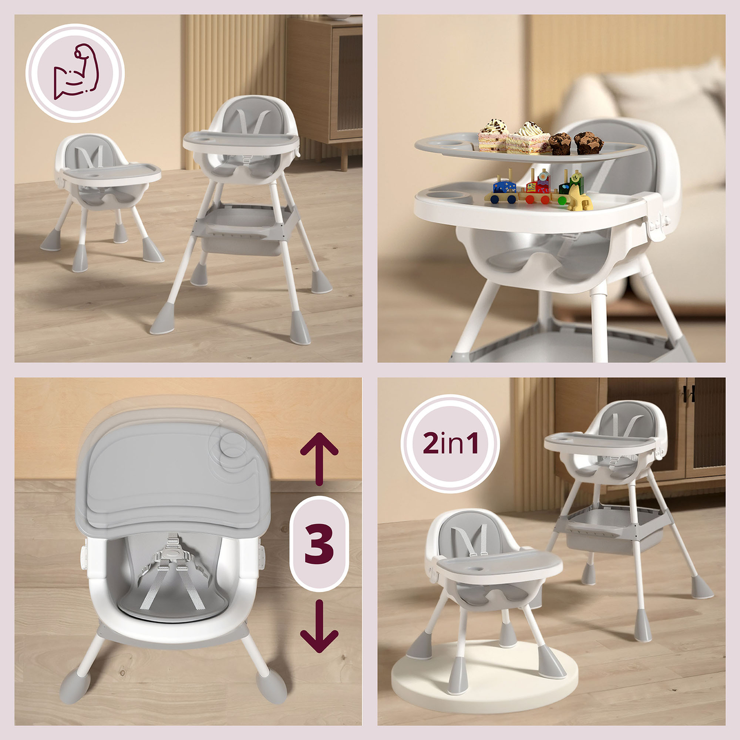 Moby-System Magnolia 2-i-1 justerbar barnstol - grå