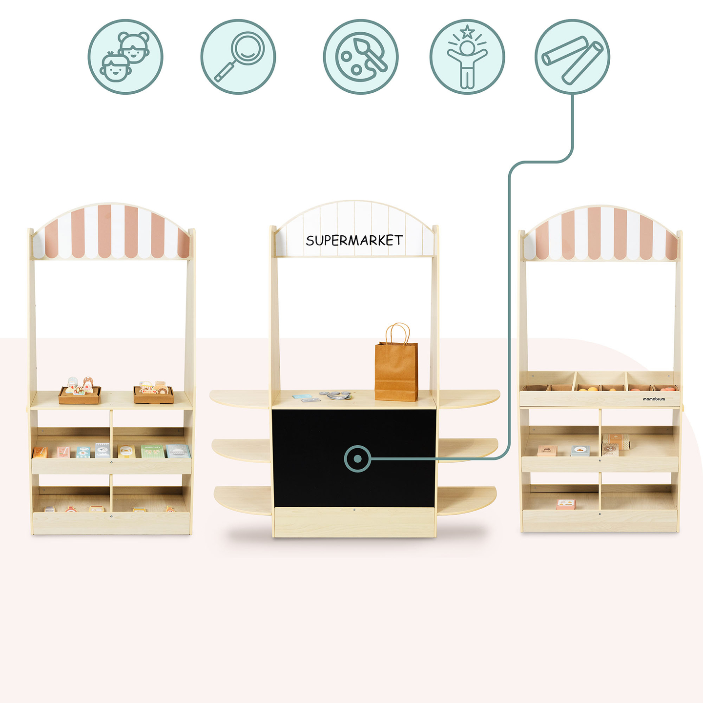 Stor barnbutik i trä med svart tavla - 91 delar för shoppingglädje!