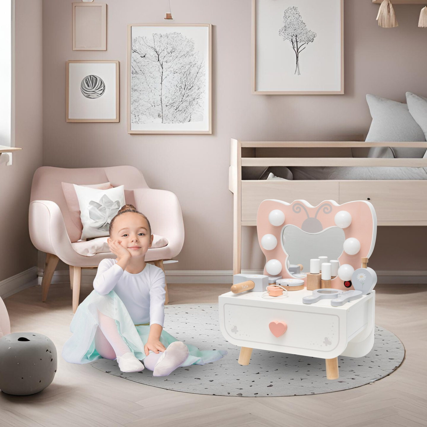 Mini sminkbord i trä med LED-belysning - Butterfly