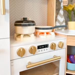 XXXXL stort interaktivt träkök med LED-belysning, tvättmaskin, mikrovågsugn, kaffemaskin samt frukt- och grönsaksuppsättning - 50 element