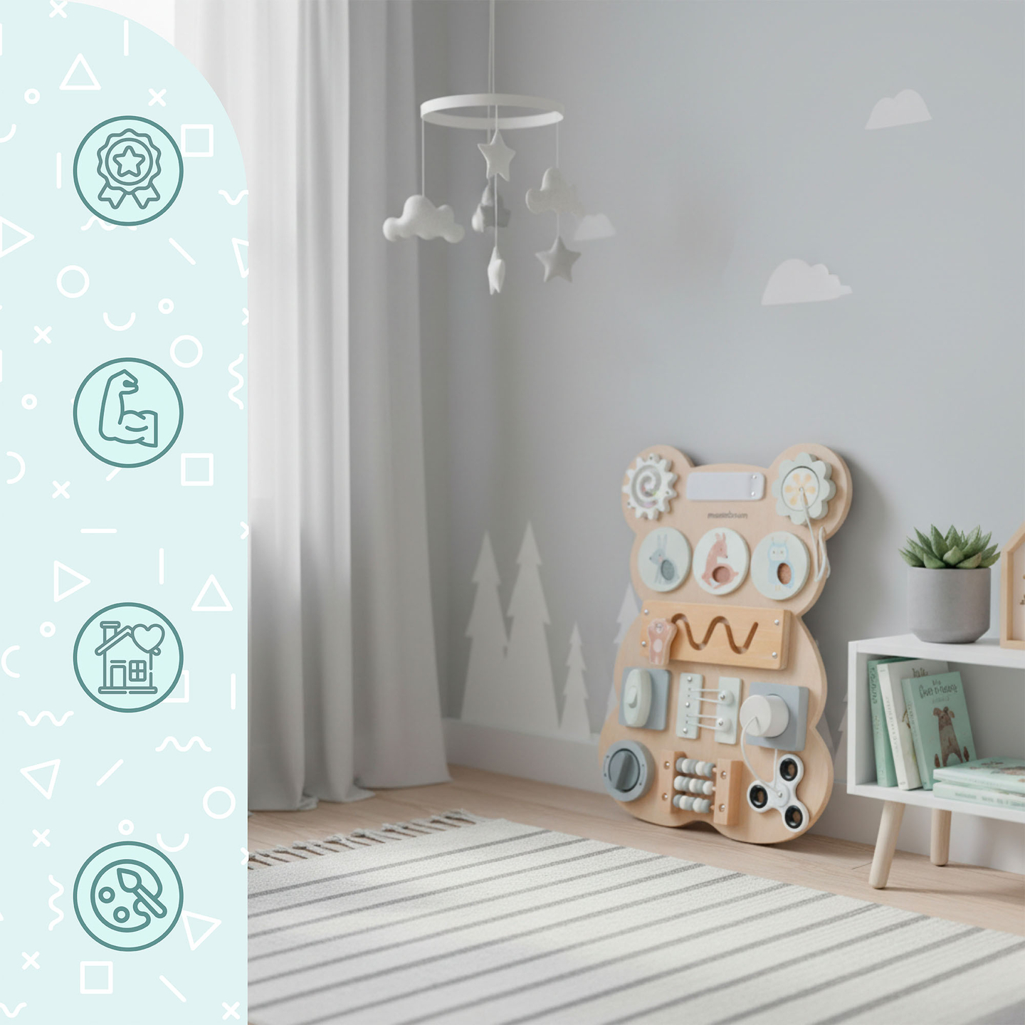 Montessori-nalle i trä - sensoriskt lärande av självständighet: kardborreband, plugg, labyrint, klickknapp