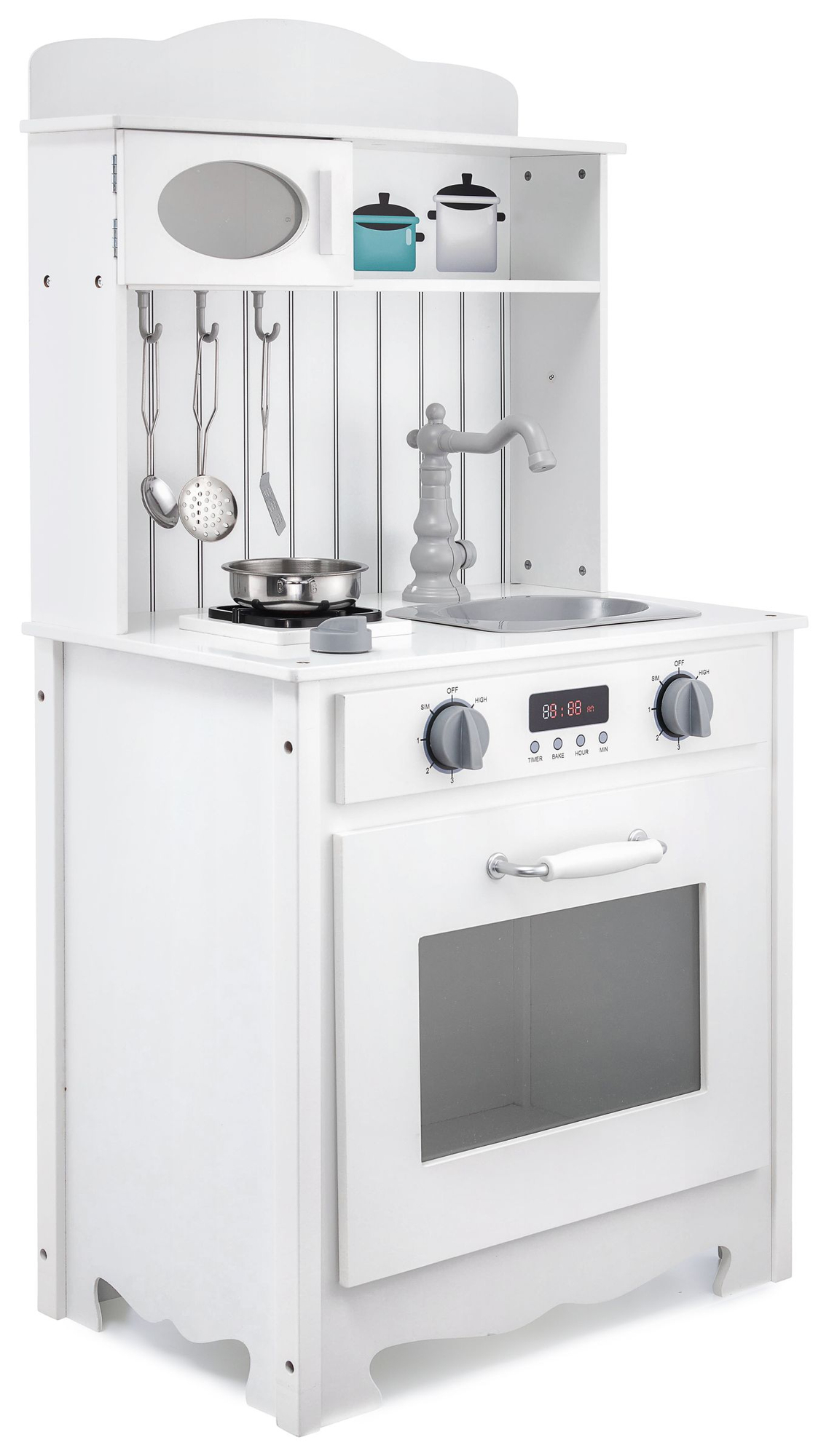 Vitt träkök med förkläde, tillbehör och LED-lampa