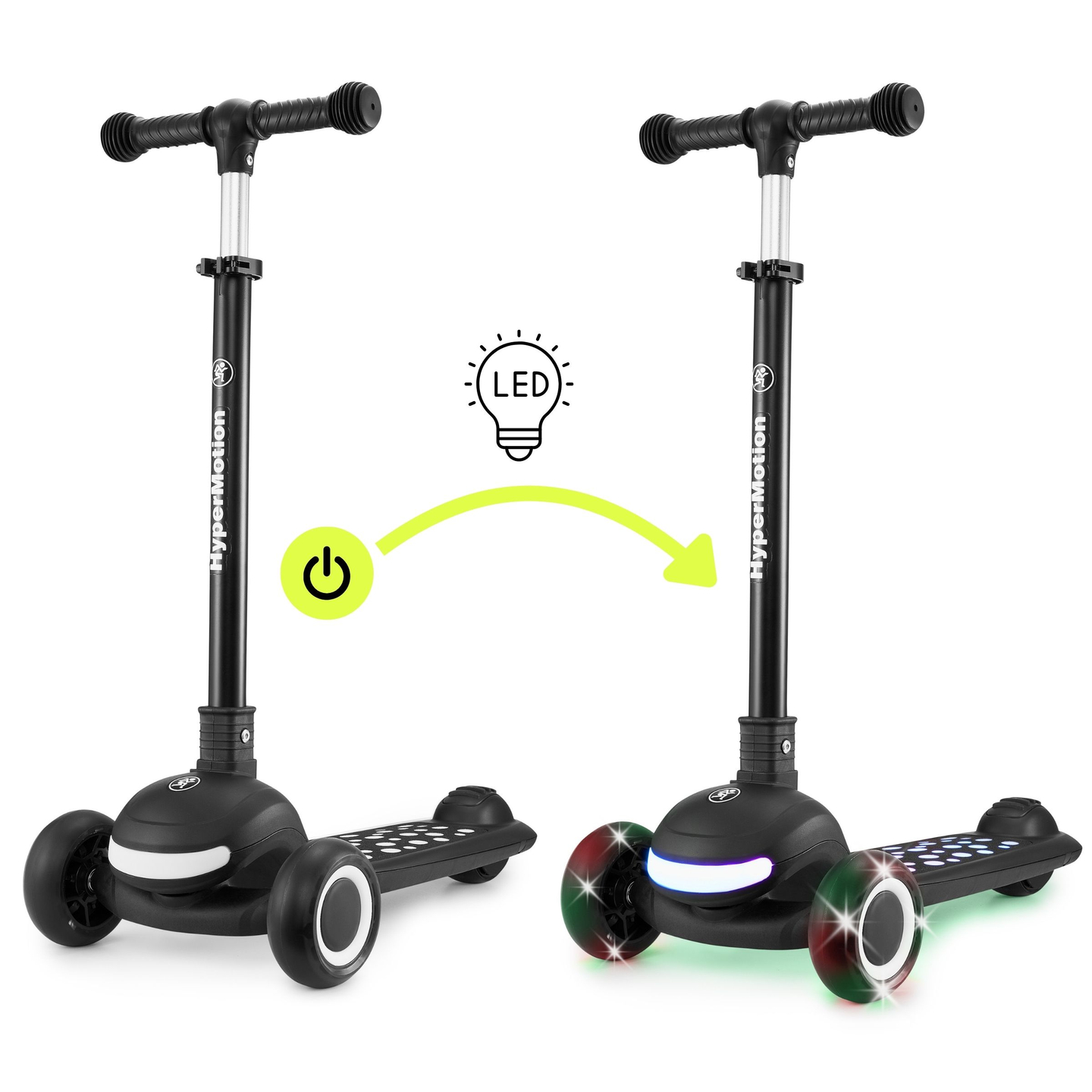 HyperMotion LUMI 3-i-1 balansscooter - upplyst plattform och LED-hjul, svart färg