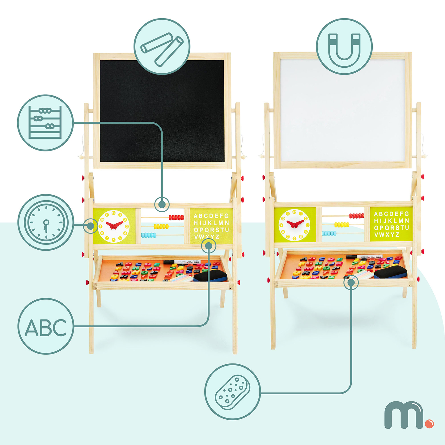 Stor pedagogisk dubbelsidig tavla: magnetisk och krittavla - torr raderingstavla, trä