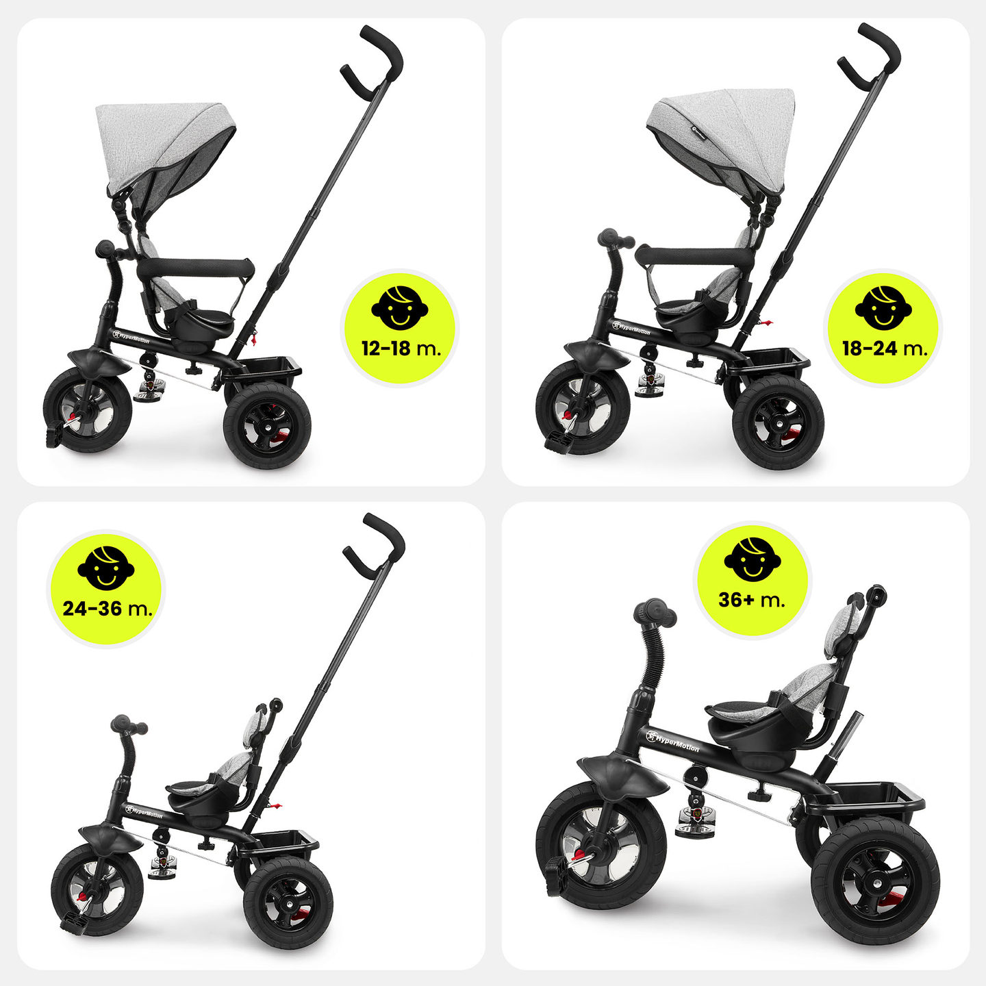 Trehjuling för barn 1-4 år - TOBI FREY - grå färg - svängbar - pumpade hjul + tryckare