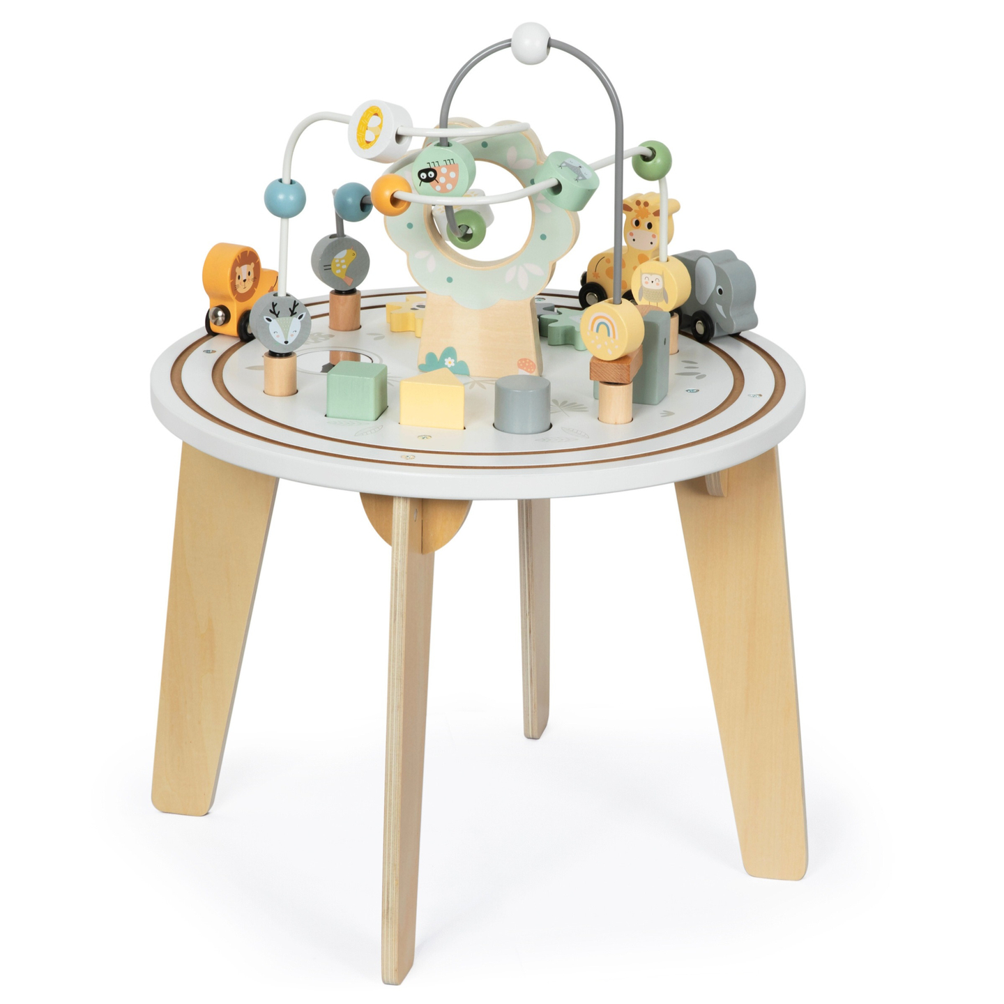 Trä runt utbildningsbord med ett magnettåg och en pärlkastare