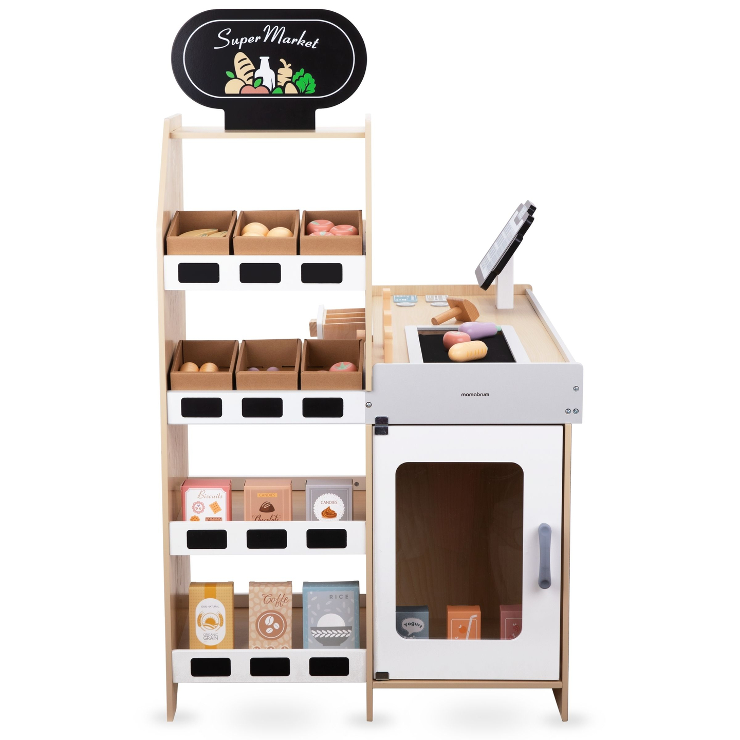 Grönsaksmarknad i trä - stort XXL-stånd, butik med kassaapparat för spel