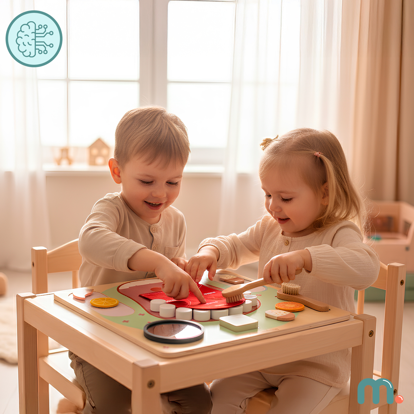 Montessori-pedagogisk trätavla för liten tandläkare - tandborste, tandkräm, avtagbara tänder, spegel, mat, lärande smaker