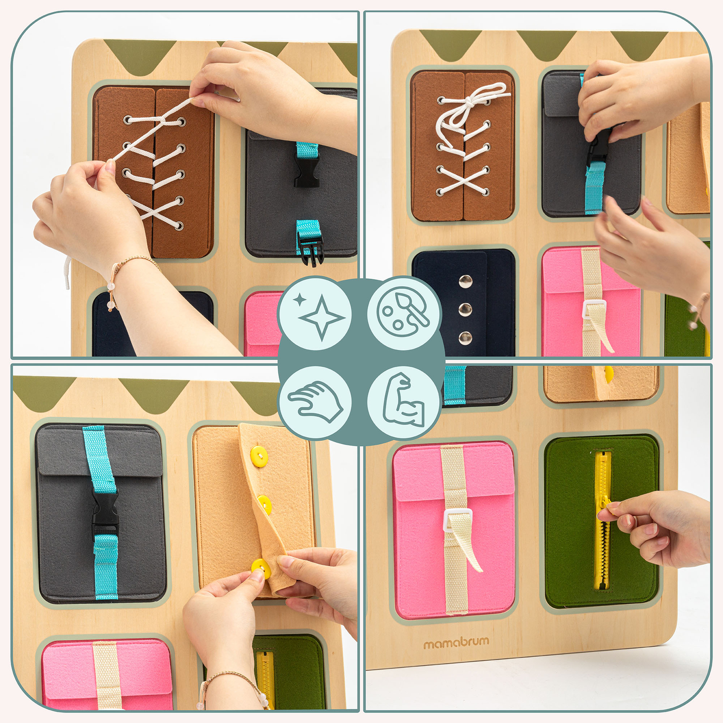 Montessori-manipulationsbräda i trä – Sensoriskt lärande av självständighet – snören, spännen, knappar, tryckknappar, dragkedja