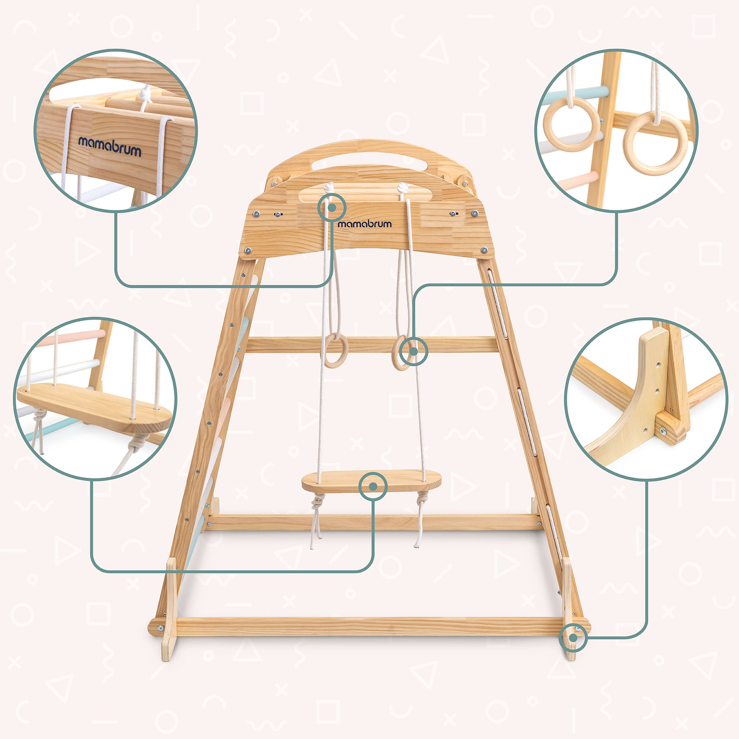 Trälekplats inomhus med gunga, gymnastikringar och klätternät