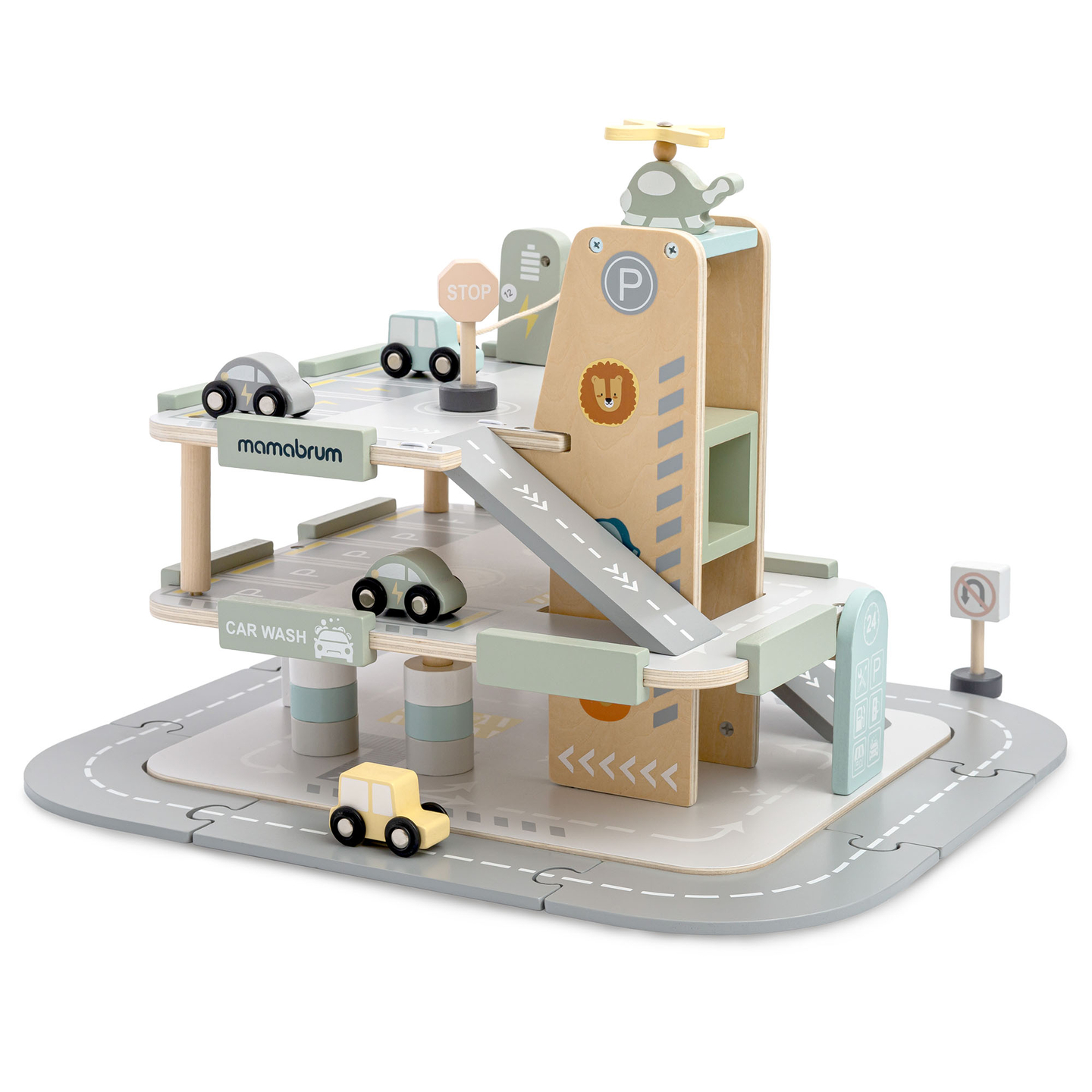 Trägarage i tre våningar för barn med tillbehör – parkeringsplats, bensinstation, biltvätt, helikopter