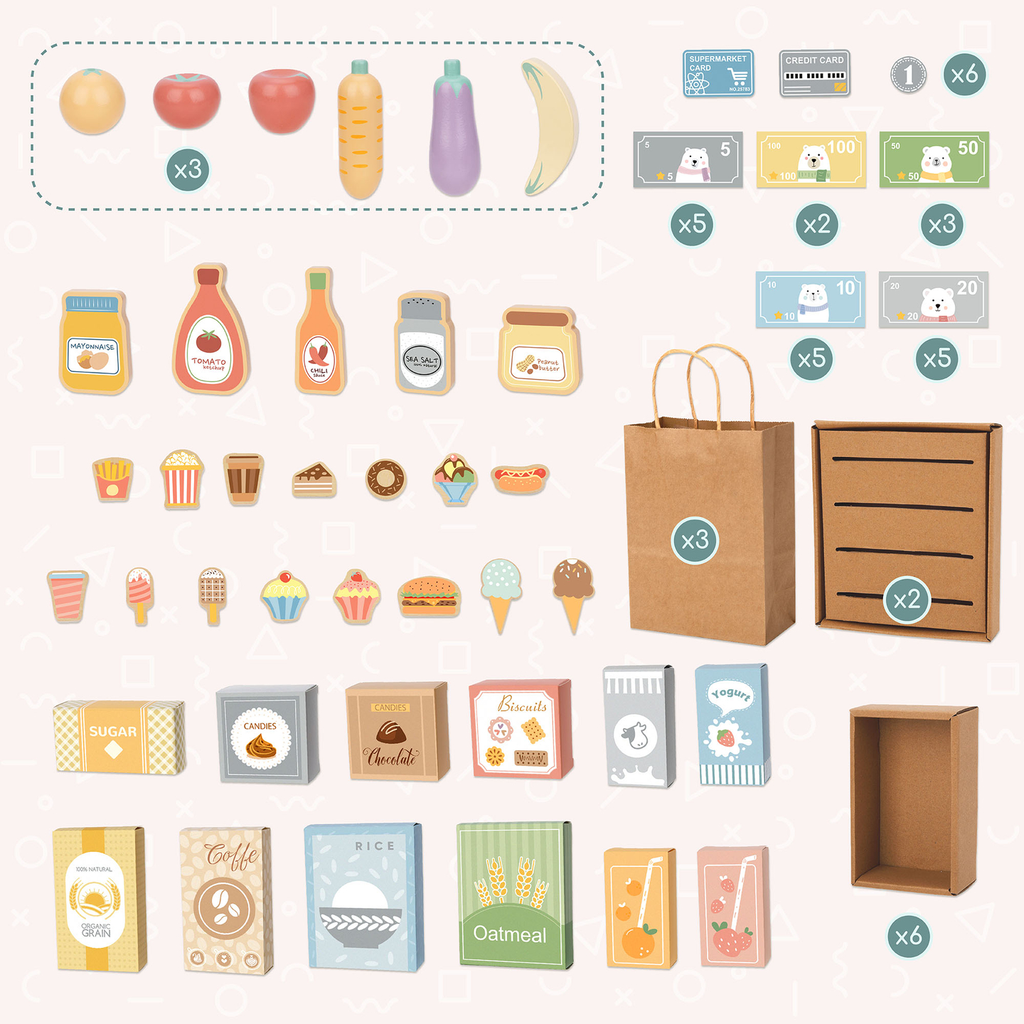 Stor barnbutik i trä med svart tavla - 91 delar för shoppingglädje!