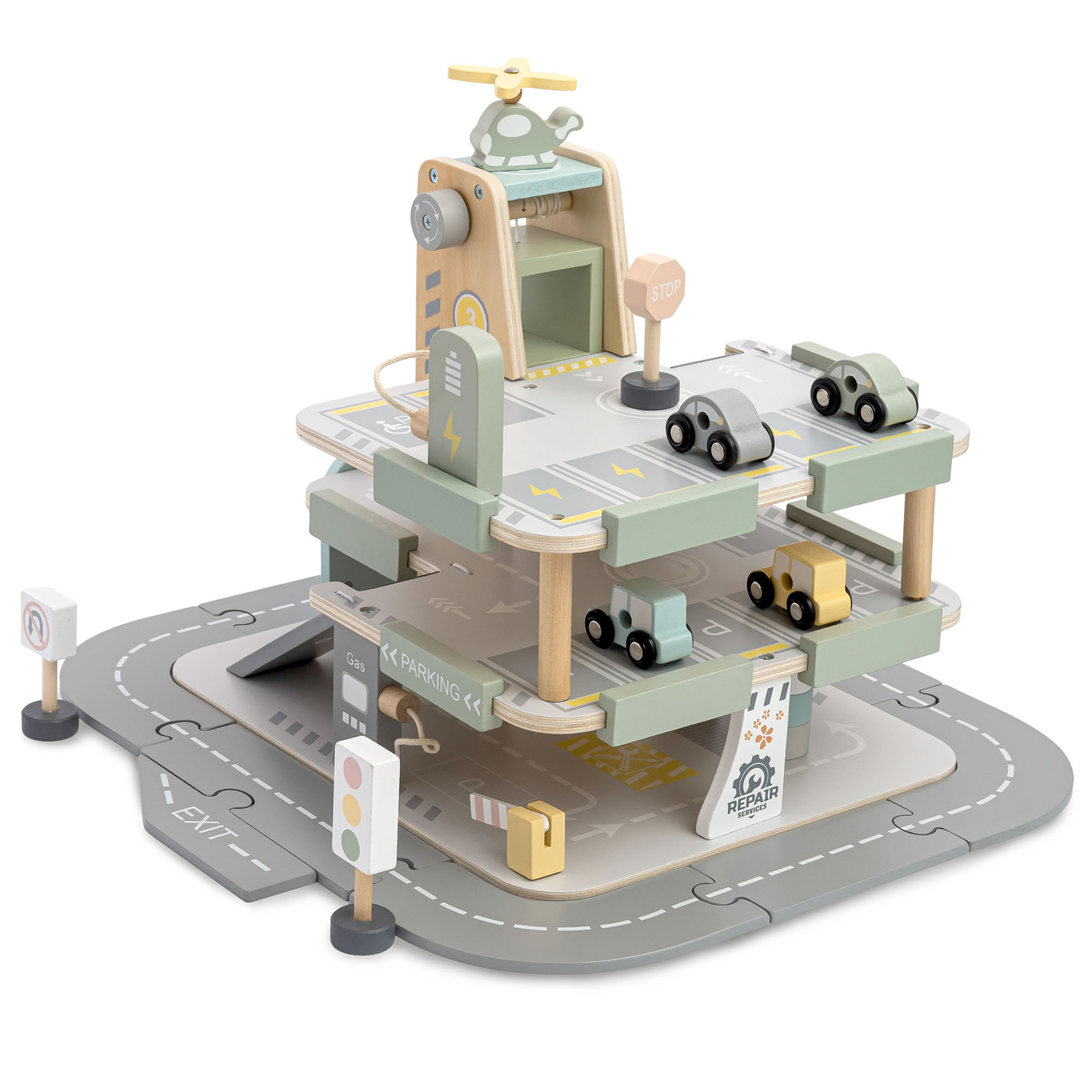 Trägarage i tre våningar för barn med tillbehör – parkeringsplats, bensinstation, biltvätt, helikopter