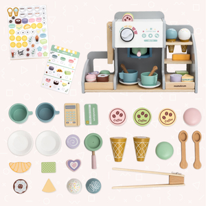 En stor glassbar i trä med magnettavla, kaffemaskin och glass- och dessertset - över 70 delar!