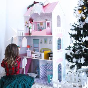 XXL Största dockhus i trä - 123 cm - LED-belyst - terrass, tillbehör, trädgård