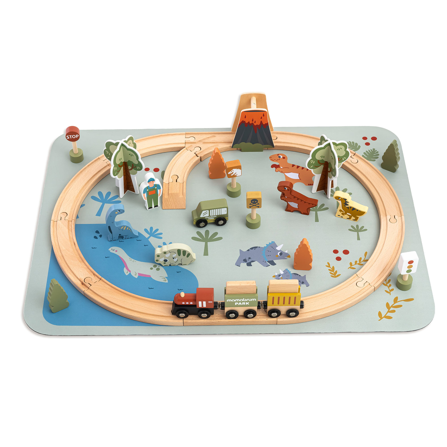 Dino Park trätåg med halkfri matta - dinosaurier, tåg, spår, vulkan, klocka