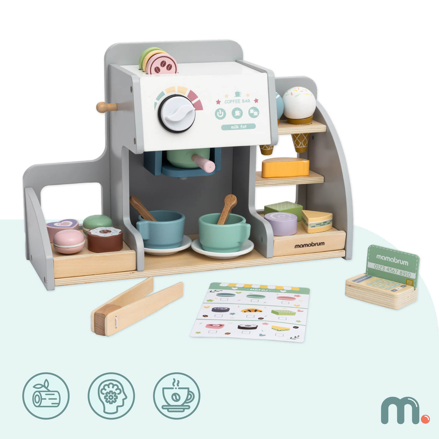 En stor glassbar i trä med magnettavla, kaffemaskin och glass- och dessertset - över 70 delar!