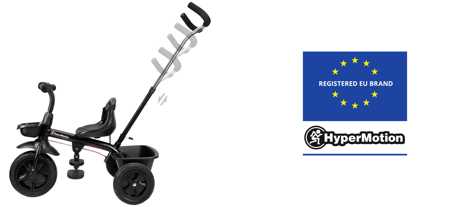 HyperMotion TOBI VECTOR trehjuling - evigt uppblåsbara hjul + skjutstång. Färg: svart.