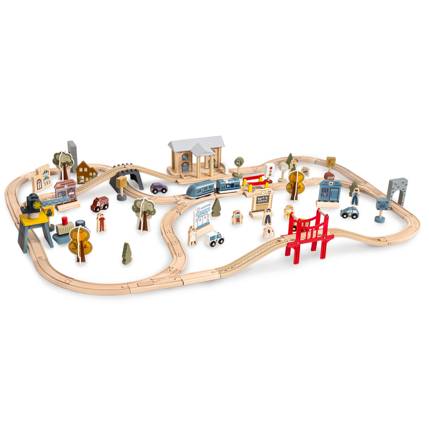 Träjärnväg med elektriskt tåg - rörlig kran, skepp, broar