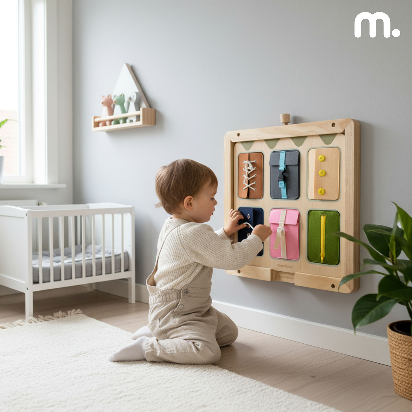 Montessori-manipulationsbräda i trä – Sensoriskt lärande av självständighet – snören, spännen, knappar, tryckknappar, dragkedja