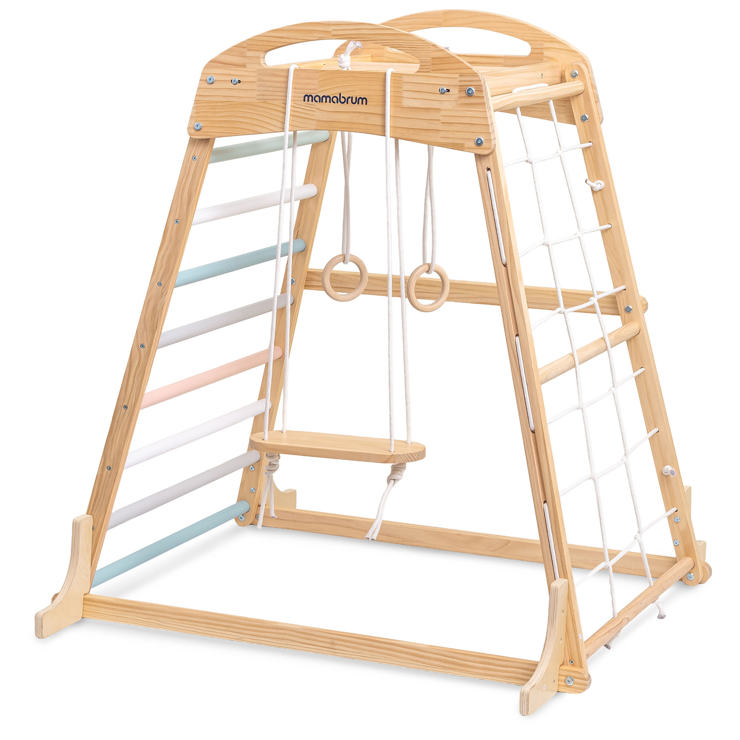 Trälekplats inomhus med gunga, gymnastikringar och klätternät