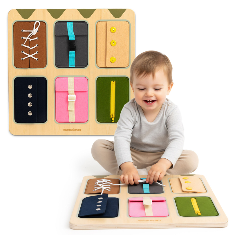 Montessori-manipulationsbräda i trä – Sensoriskt lärande av självständighet – snören, spännen, knappar, tryckknappar, dragkedja