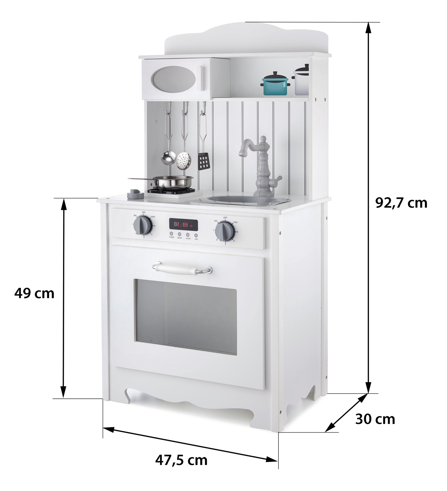 Vitt träkök med förkläde, tillbehör och LED-lampa