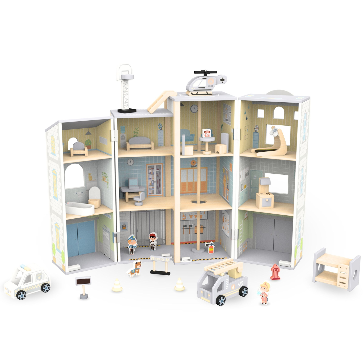 Stor hopfällbar brandstation med polisstation - set i trä. Brandstation och polisstation med tillbehör.