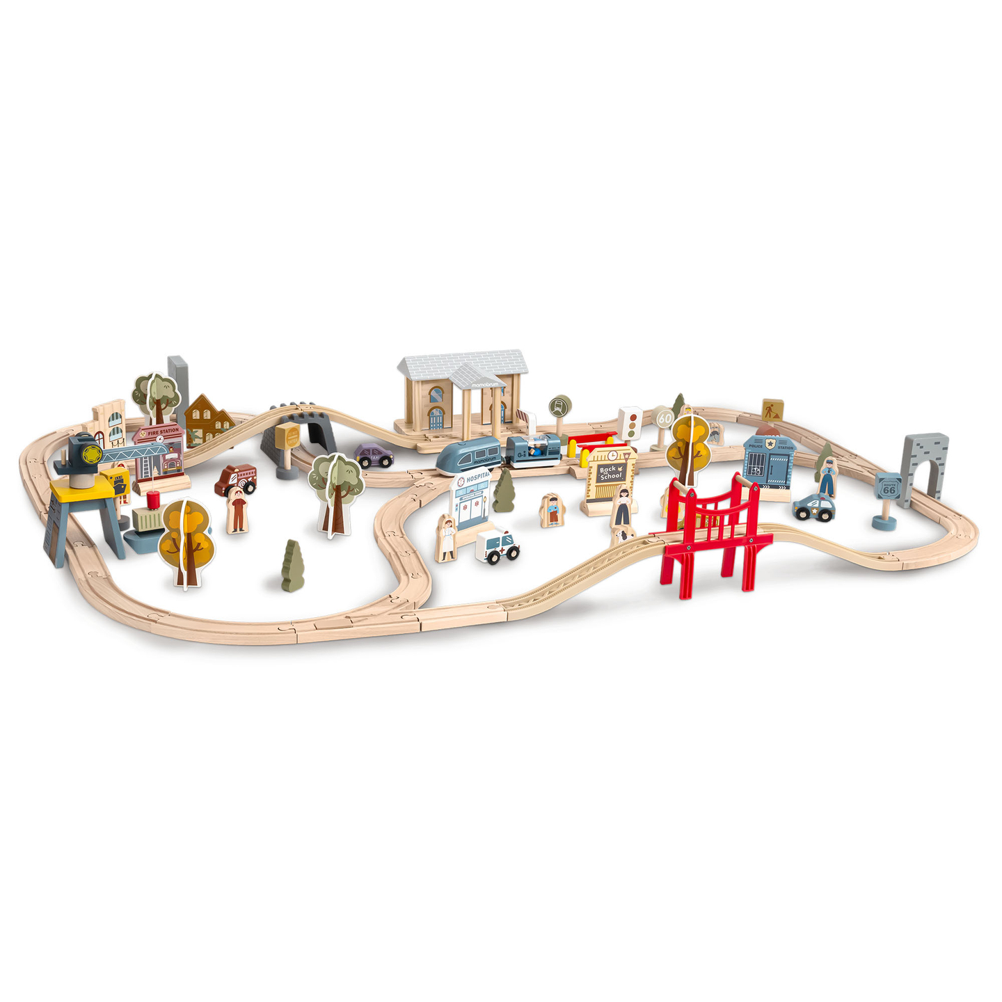 Träjärnväg med elektriskt tåg - rörlig kran, skepp, broar