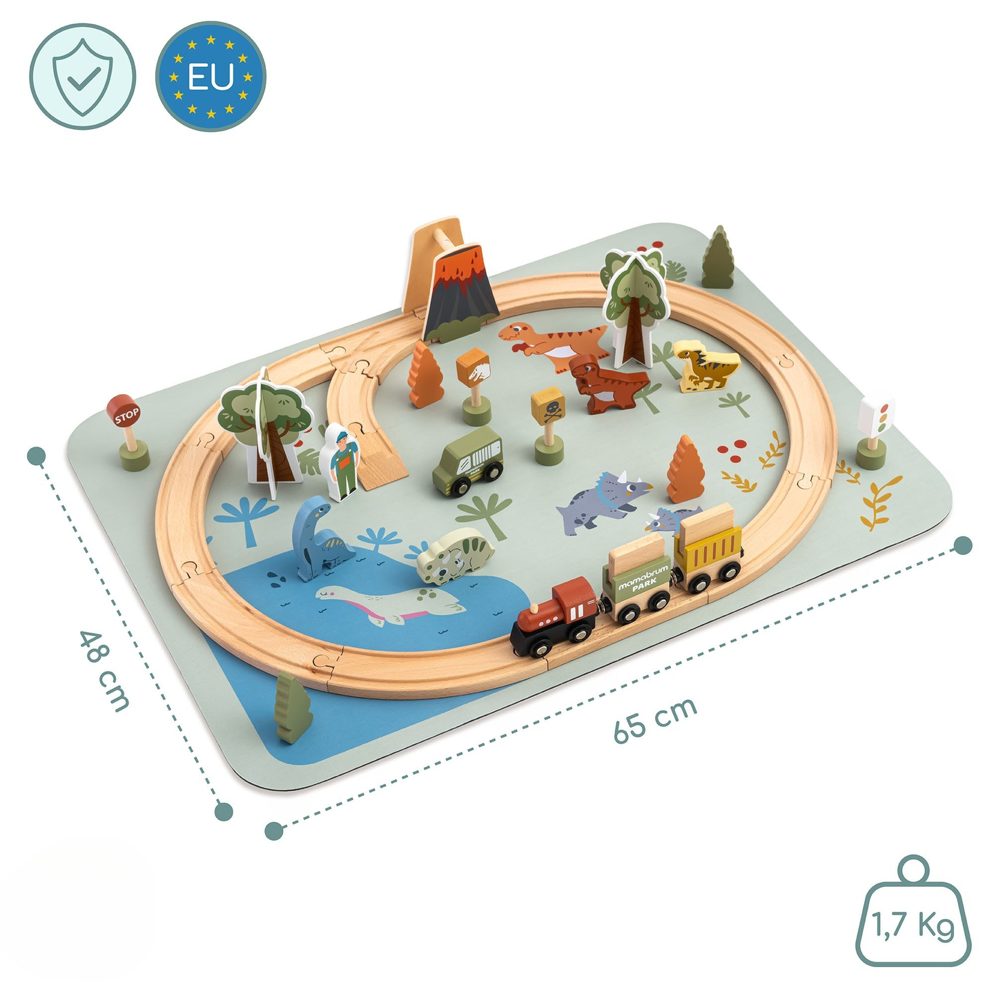 Dino Park trätåg med halkfri matta - dinosaurier, tåg, spår, vulkan, klocka