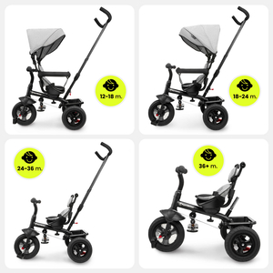 Trehjuling för barn 1-4 år - TOBI FREY - grå färg - svängbar - pumpade hjul + tryckare