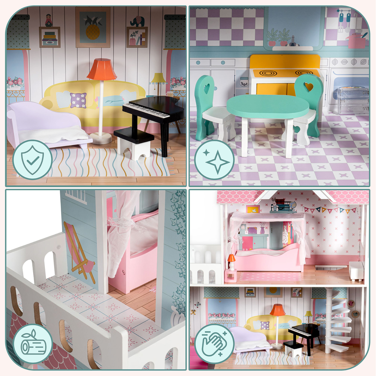 XXL Största dockhus i trä - 123 cm - LED-belyst - terrass, tillbehör, trädgård