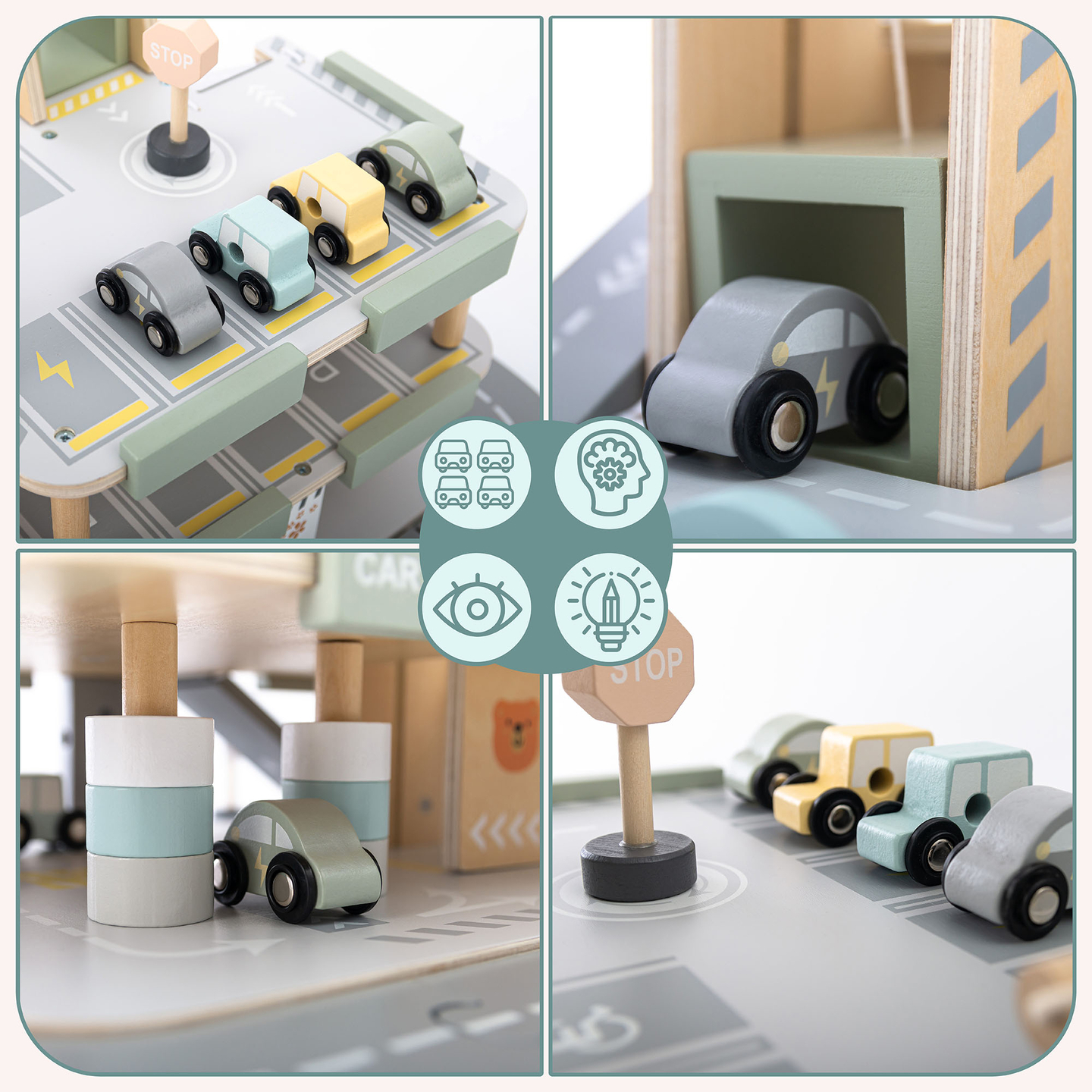 Trägarage i tre våningar för barn med tillbehör – parkeringsplats, bensinstation, biltvätt, helikopter