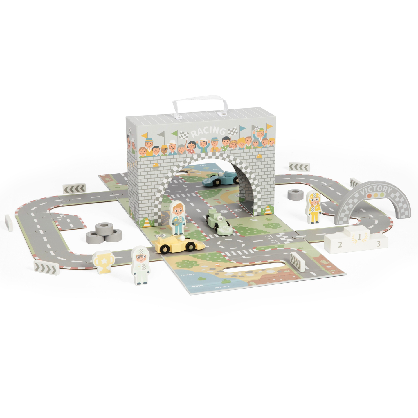 Magnetisk resväska med racerbana, träfordon och vägtillbehör