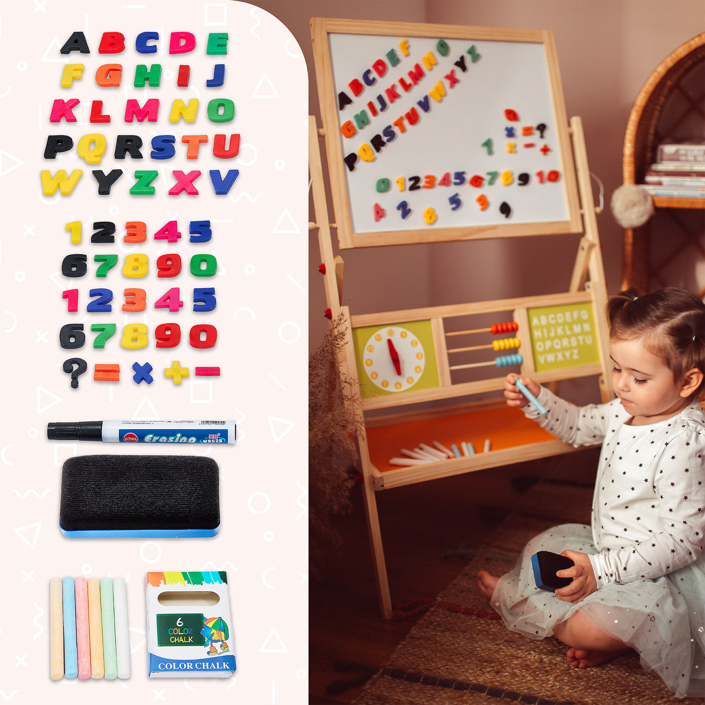 Stor pedagogisk dubbelsidig tavla: magnetisk och krittavla - torr raderingstavla, trä