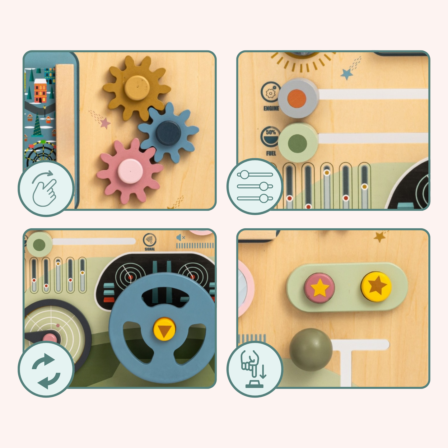 Montessoribräda i trä 2-i-1 förarplats för den lilla föraren och piloten – ratt, växelspak, resekartor, radar