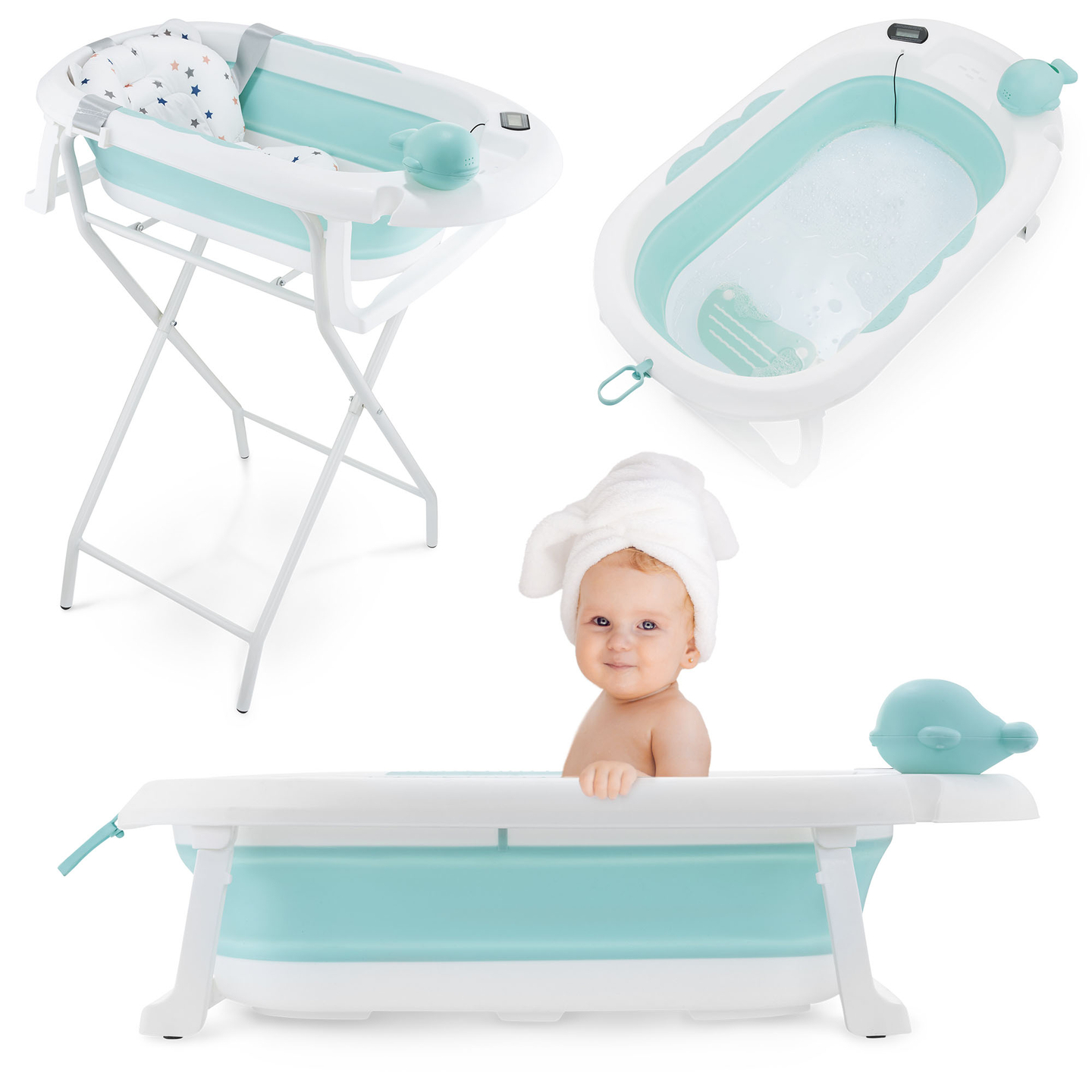 Hopfällbart babybadkar med termometer, insats och stativ - mintfärgad
