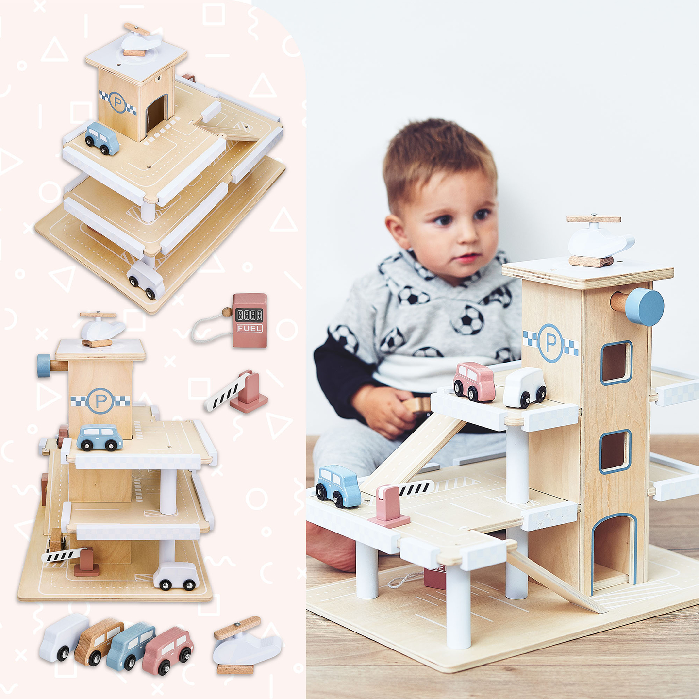 Träparkering i tre våningar med hiss - garage för bilar och helikopter