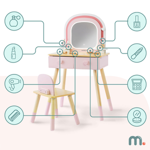 Sminkbord i trä för barn med LED-belysning med steglös ljusstyrkejustering, stol och tillbehör