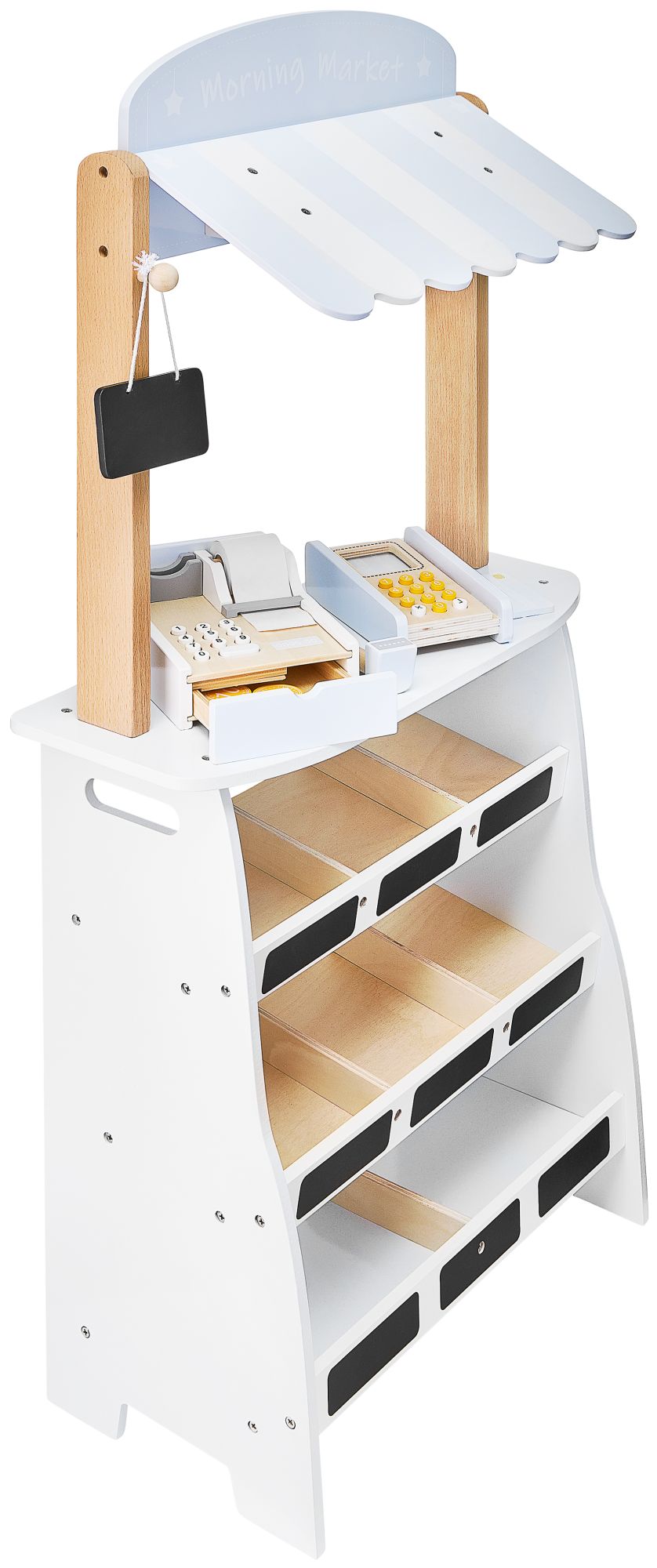 Grönsaksaffär - träbod med lådor, kassaapparat och terminal