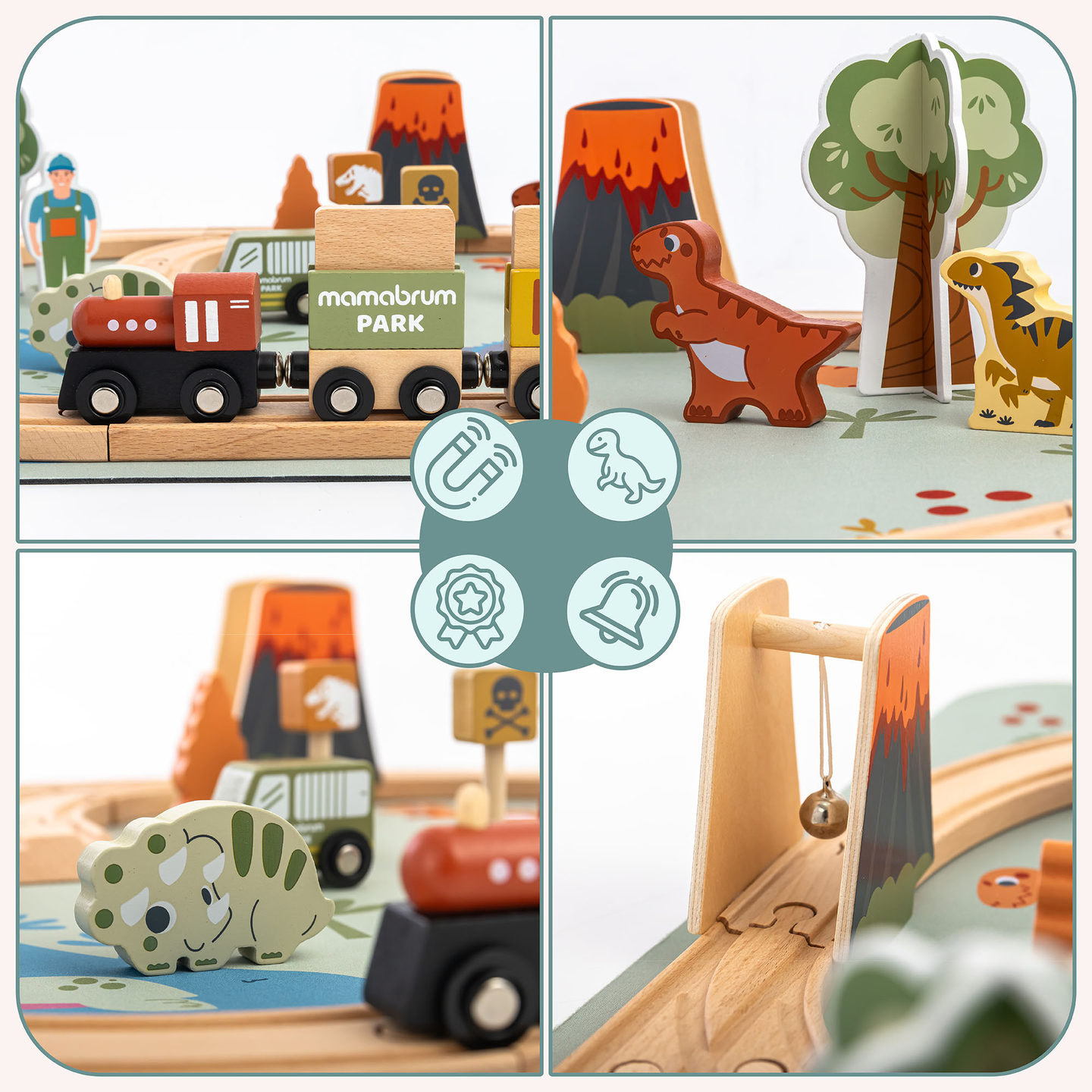 Dino Park trätåg med halkfri matta - dinosaurier, tåg, spår, vulkan, klocka