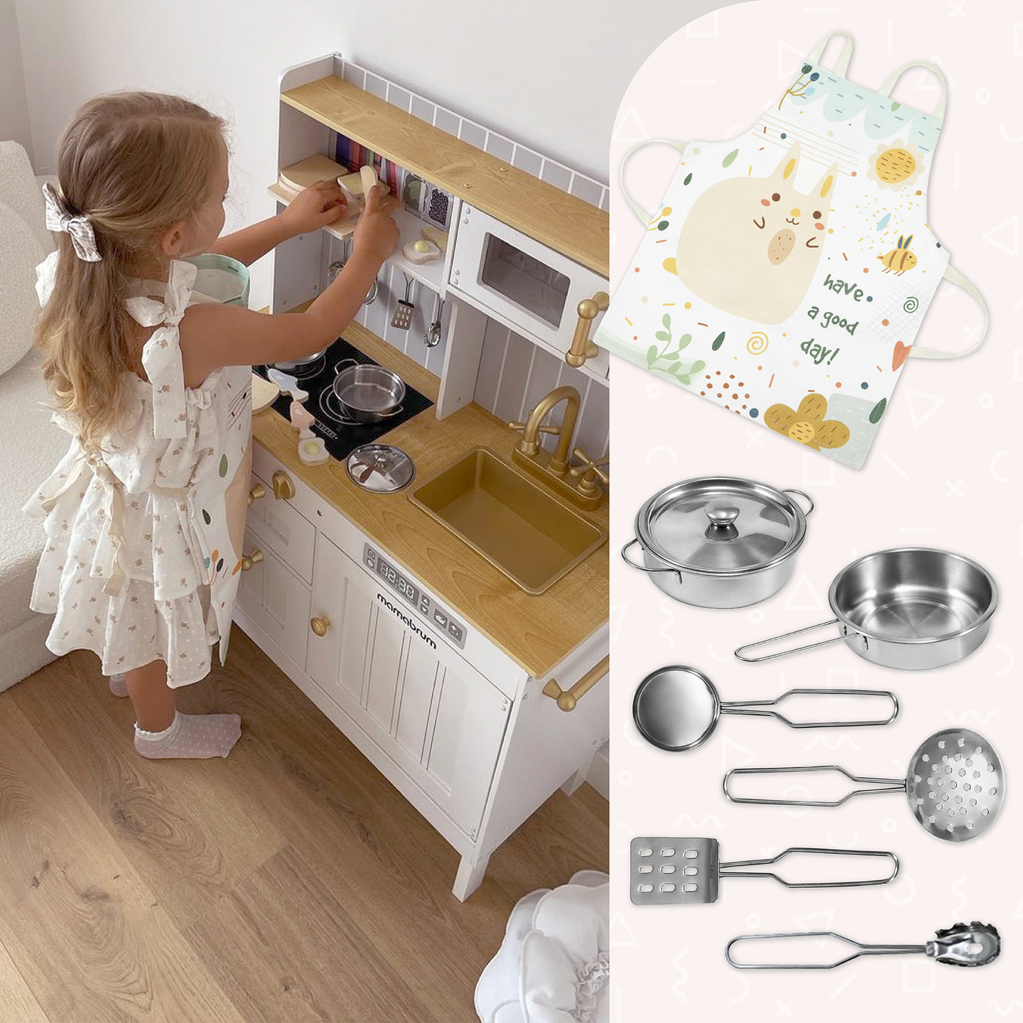 Vitt kök i trä med tillbehör och förkläde